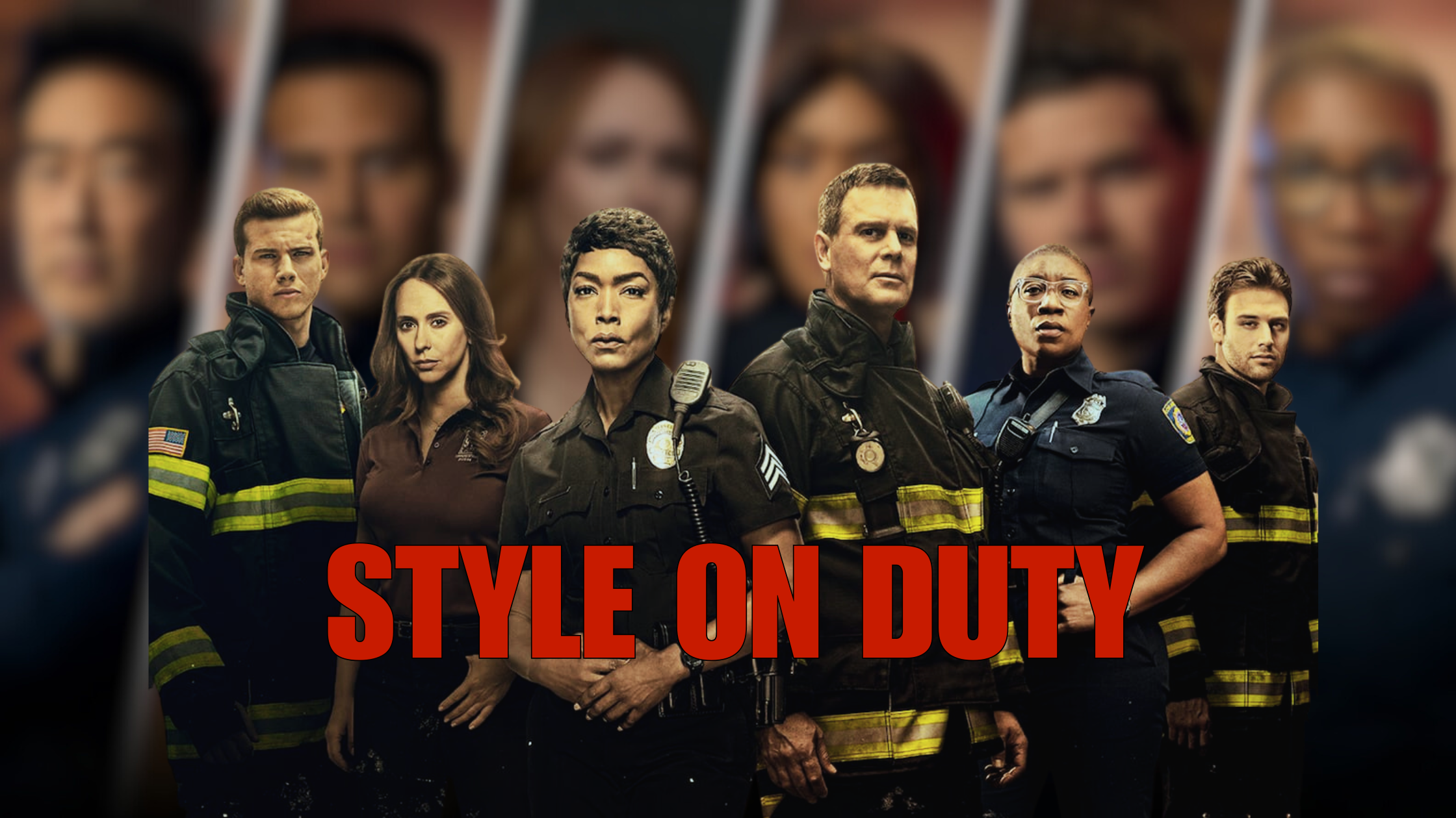 9-1-1 Season 9 fashion highlights â€” Angela Bassett as Athena Grant in pleated tops and cropped jackets, Jennifer Love Hewitt as Maddie Kendall in a tailored blazer, and May Grant in a black studded jacket.