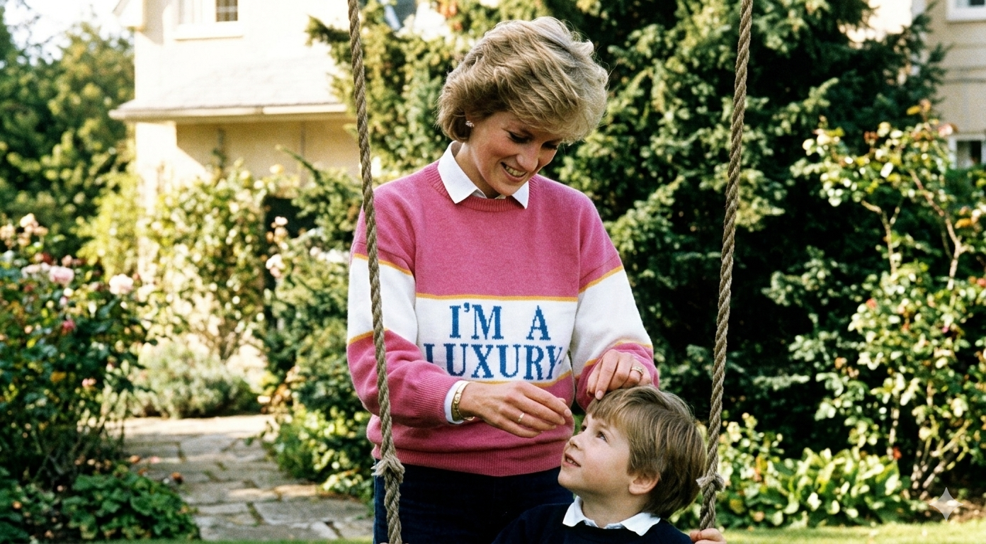 Princess Diana I’m A Luxury salmon pink 90s-inspired crewneck sweatshirt with bold intarsia text