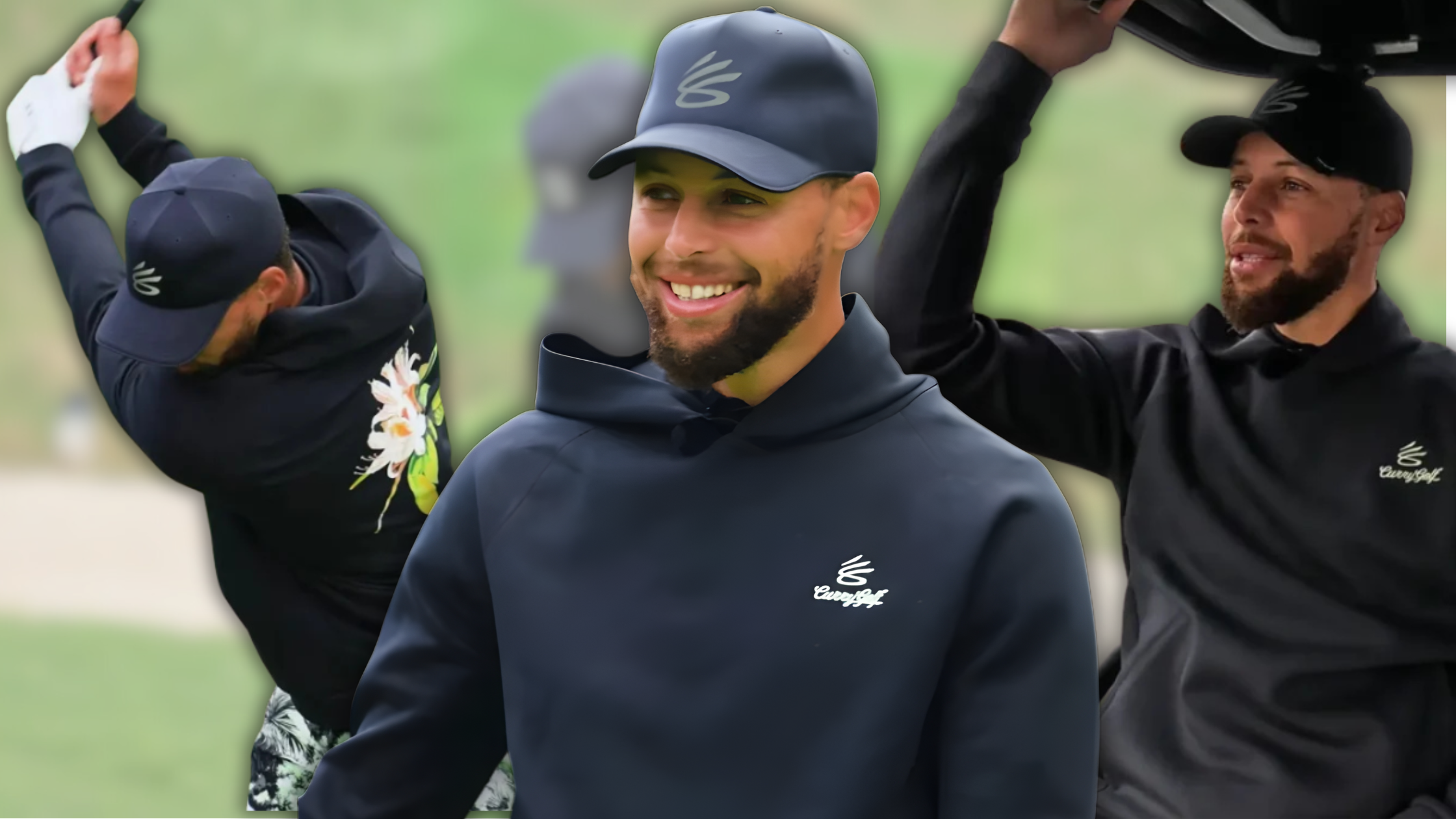 Steph Curry Golf Hoodie â€” dark minimalist hoodie from Curry Brand Golf Collection featuring the SC logo on the front and a large floral graphic on the back, worn by Stephen Curry.