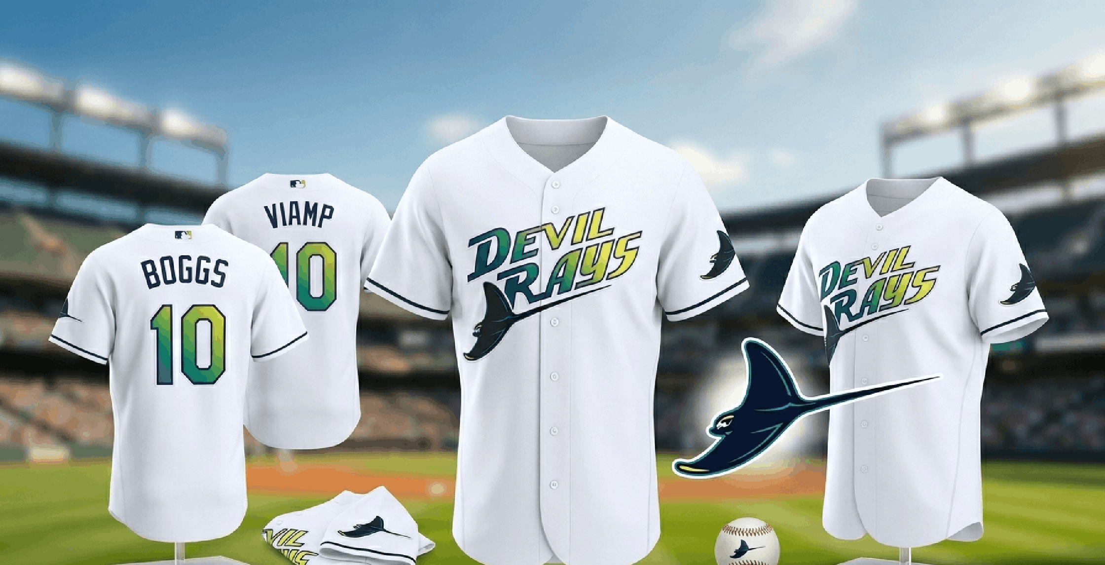Tampa Bay Rays White Alternate 2 Baseball Jersey with gradient Devil Rays wordmark and manta ray logo