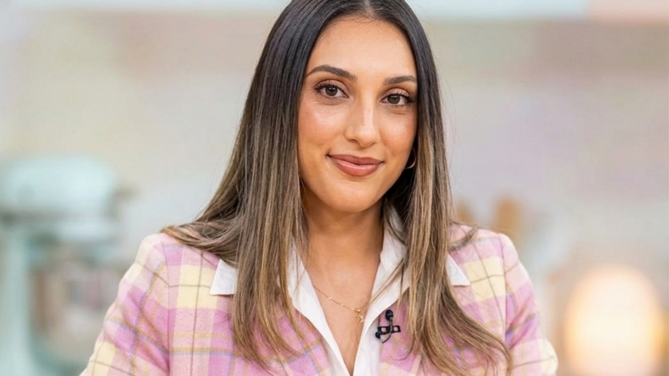 Tamron Hall Show 2025 Lena Cohen Plaid Blazer pastel pink plaid double breasted blazer with gold buttons worn on Tamron Hall Show April 18 2025 episode.  Select 74 more words to run Humanizer.