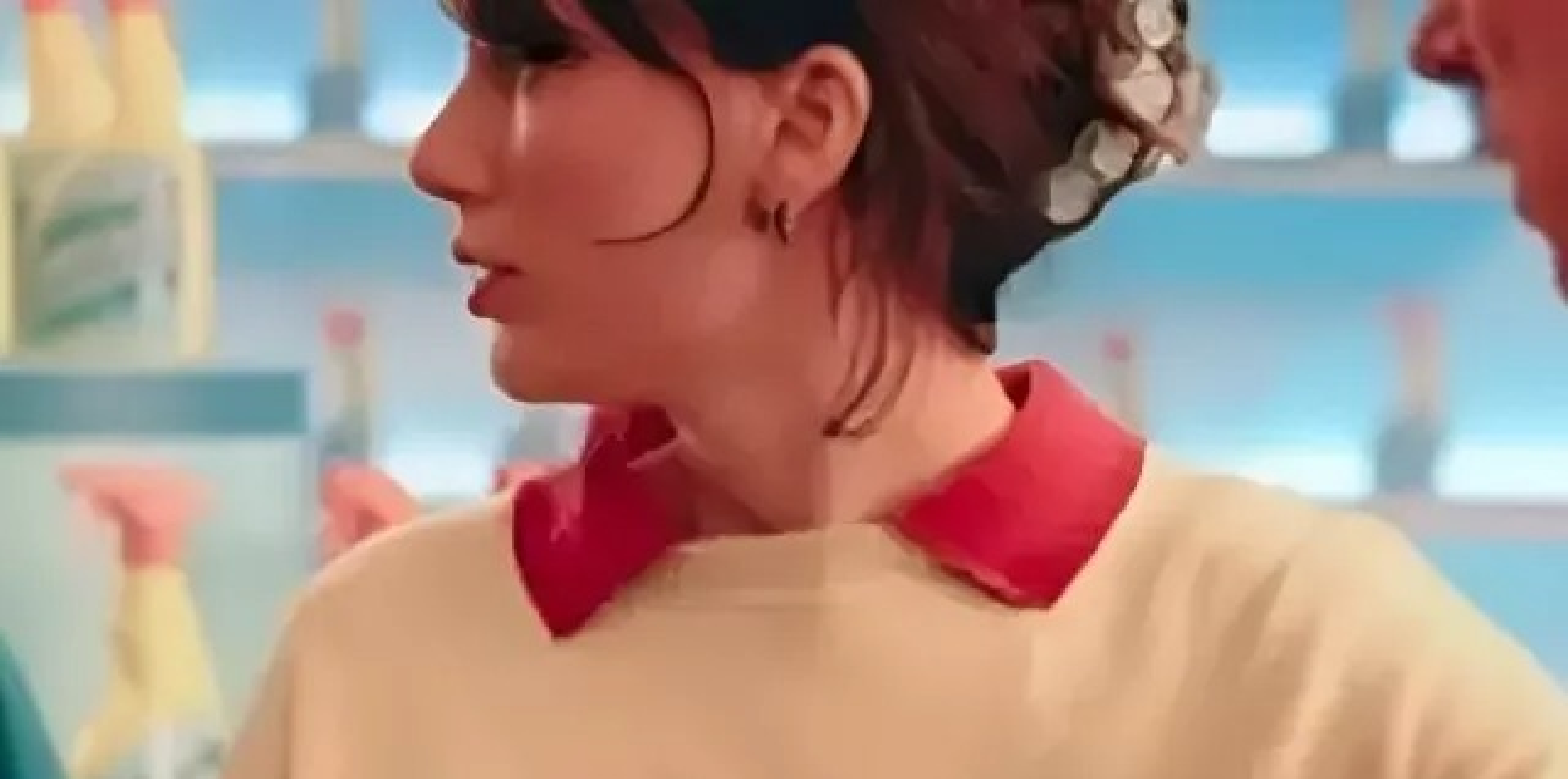 Taylor Swift Opalite music video crewneck sweatshirt in soft beige with a whimsical kitten graphic on the front, featuring a bright red collar, styled on a mannequin against a neutral background.