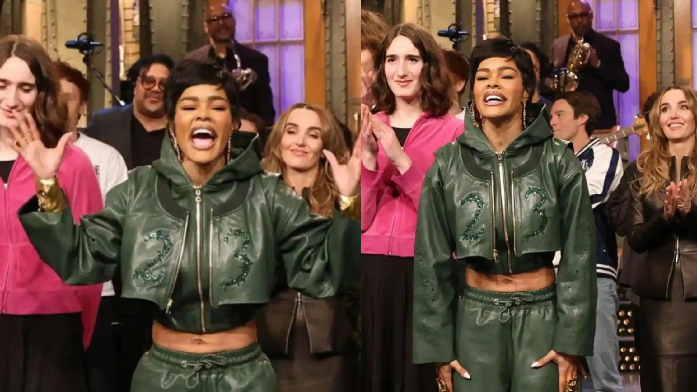 Teyana Taylor SNL Season 51 forest green cropped leather jacket with “23” sequin detail and hooded design