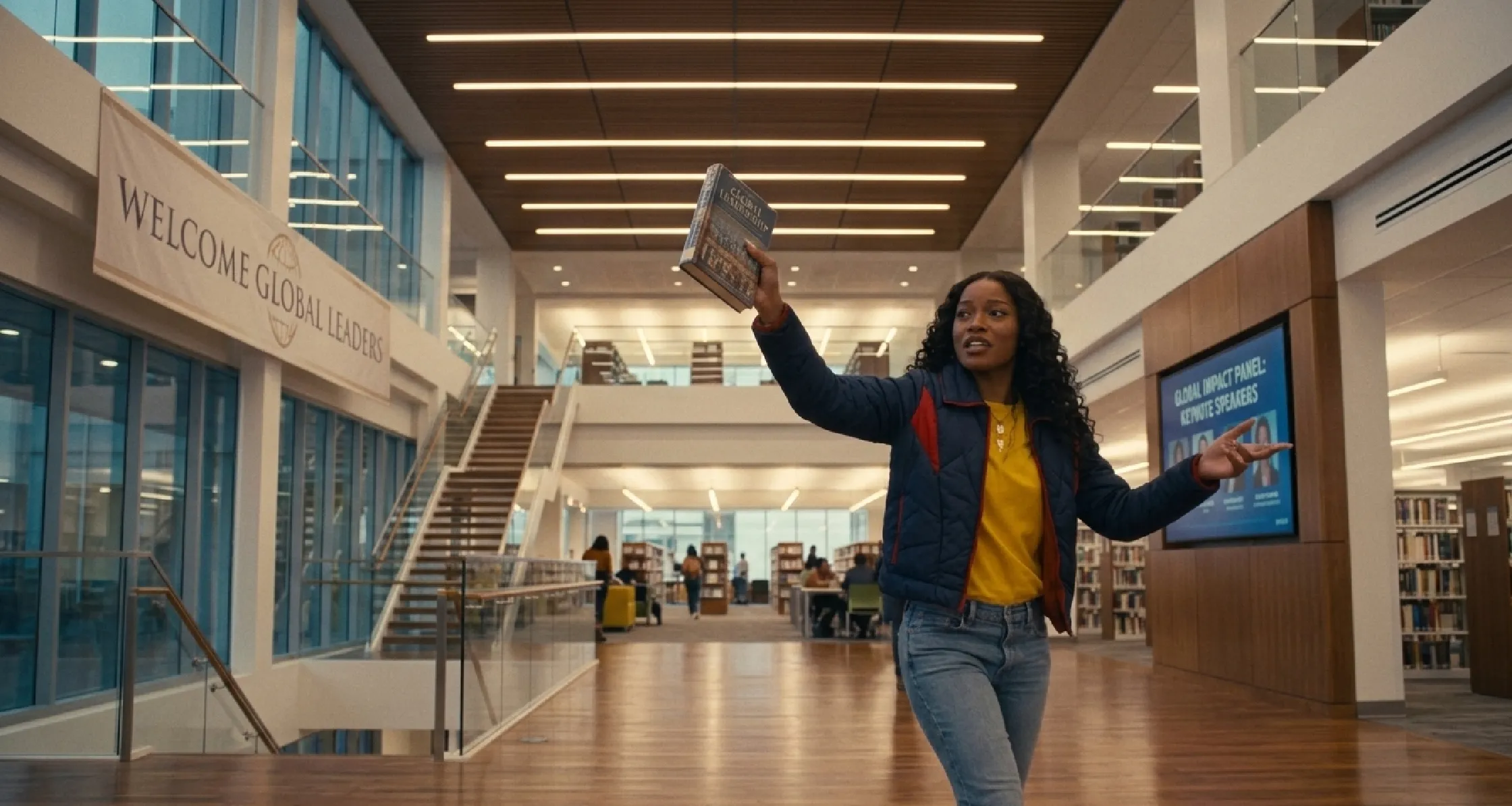 Navy quilted puffer jacket with red chevron stitching, retro sunburst patchwork on the back, stand-up collar, and lightweight design inspired by Keke Palmer in The Burbs