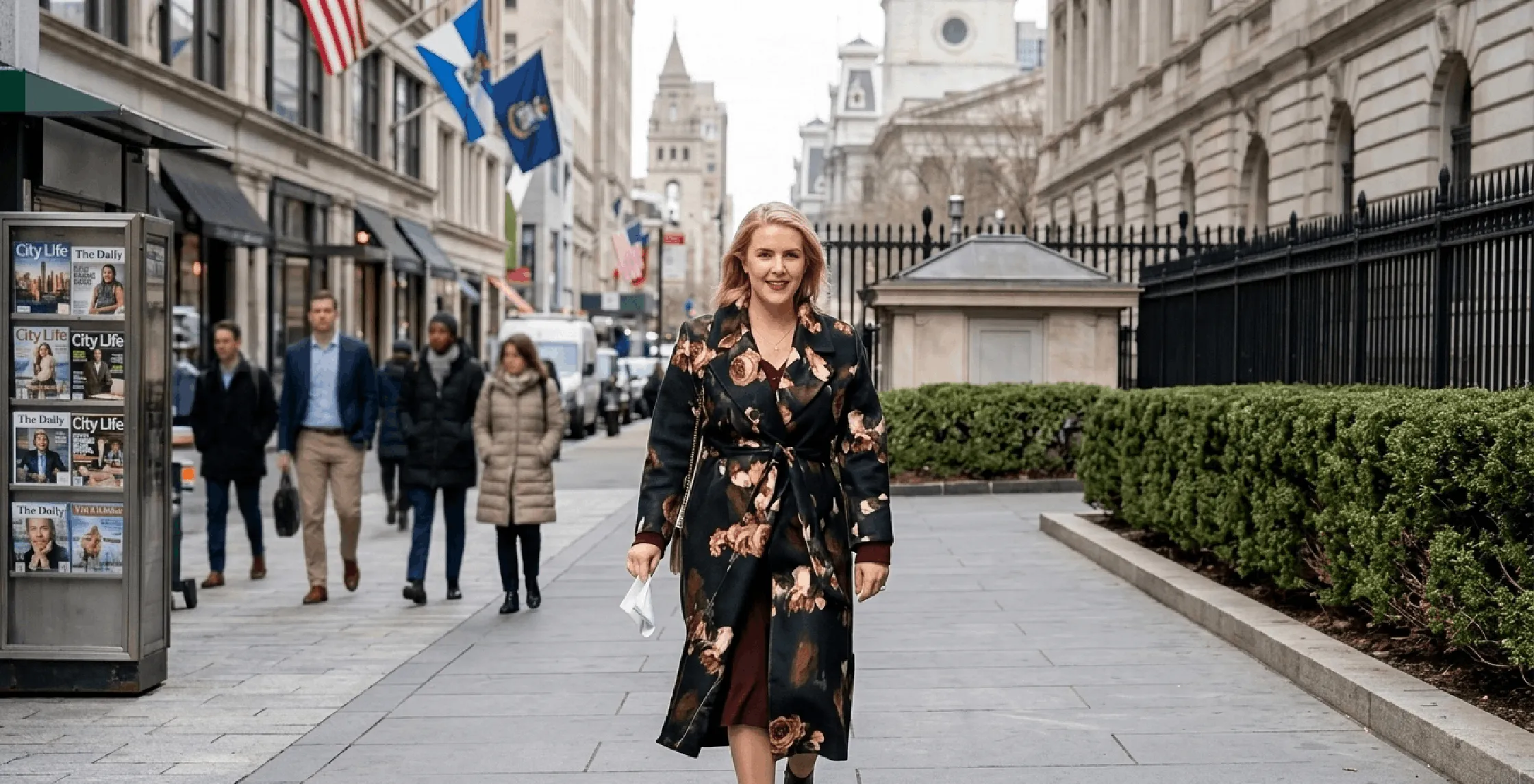 Today Show 2026 Karoline Leavitt black floral wrap coat with self-tie waist and moody botanical print