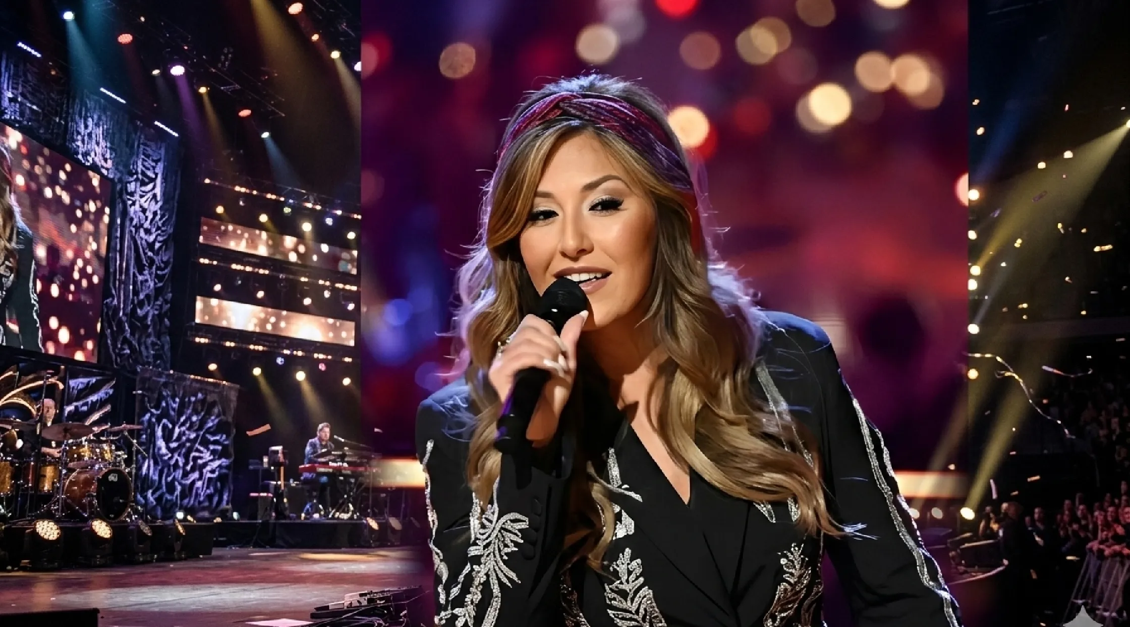 Natalia Albertini wearing The Voice S28 black embellished fringe blazer with silver rhinestone tassels cascading on front, shoulders, and sleeves, under stage lights.