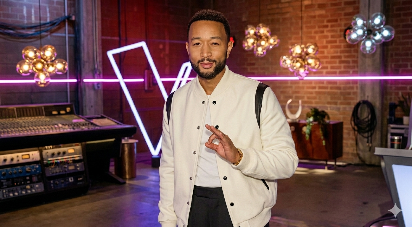 John Legend white varsity jacket with black leather piping and LEGEND back appliquÃ© from The Voice S29