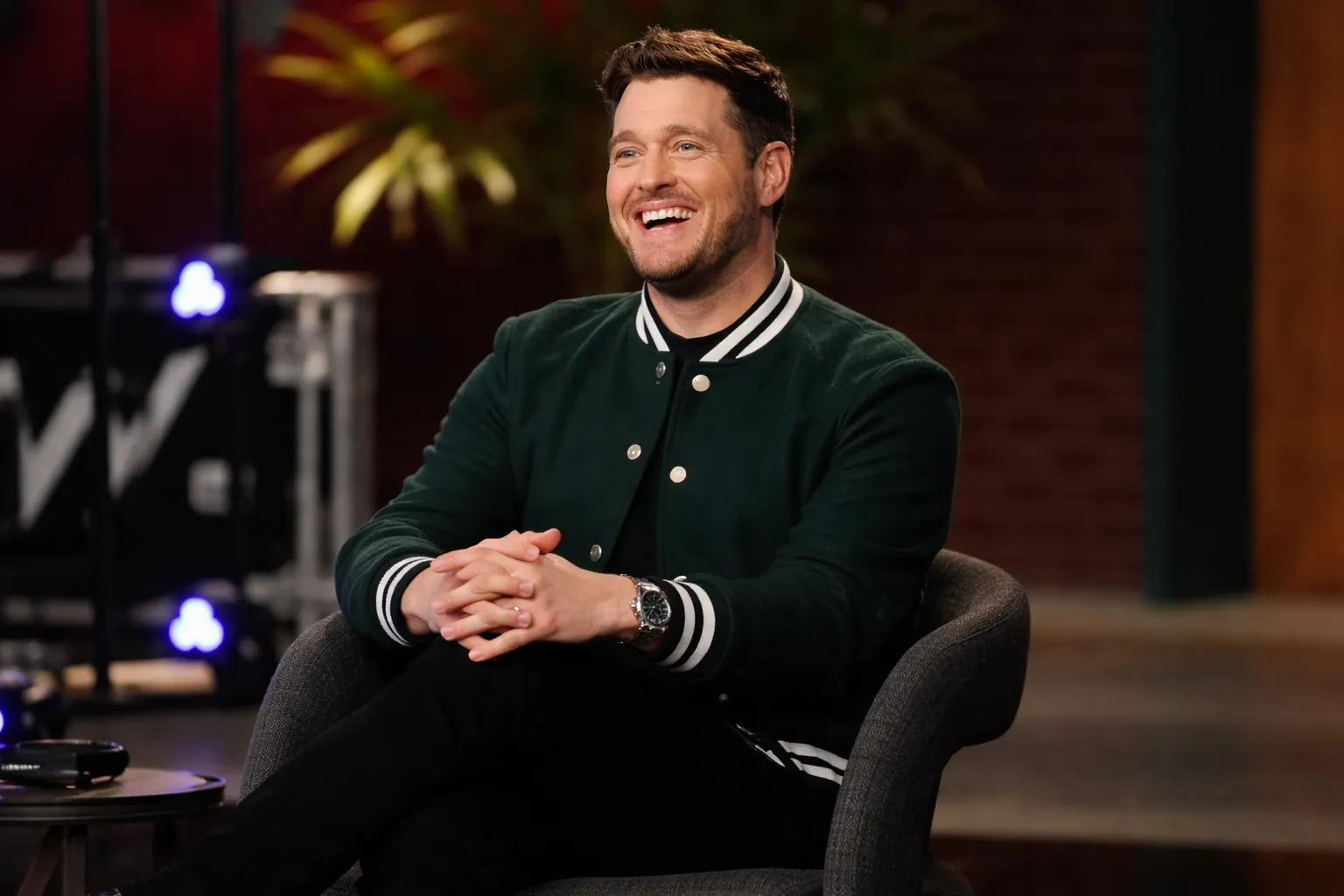 The Voice S29 Michael Bublé Hunter Green Varsity Jacket with White Stripe Trim