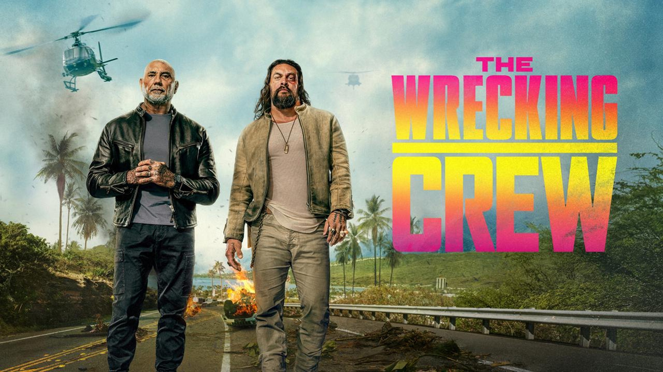 The Wrecking Crew (2026) stars Jason Momoa and Dave Bautista wear stylish leather jackets, adding a bold and powerful edge to the action-packed scene.