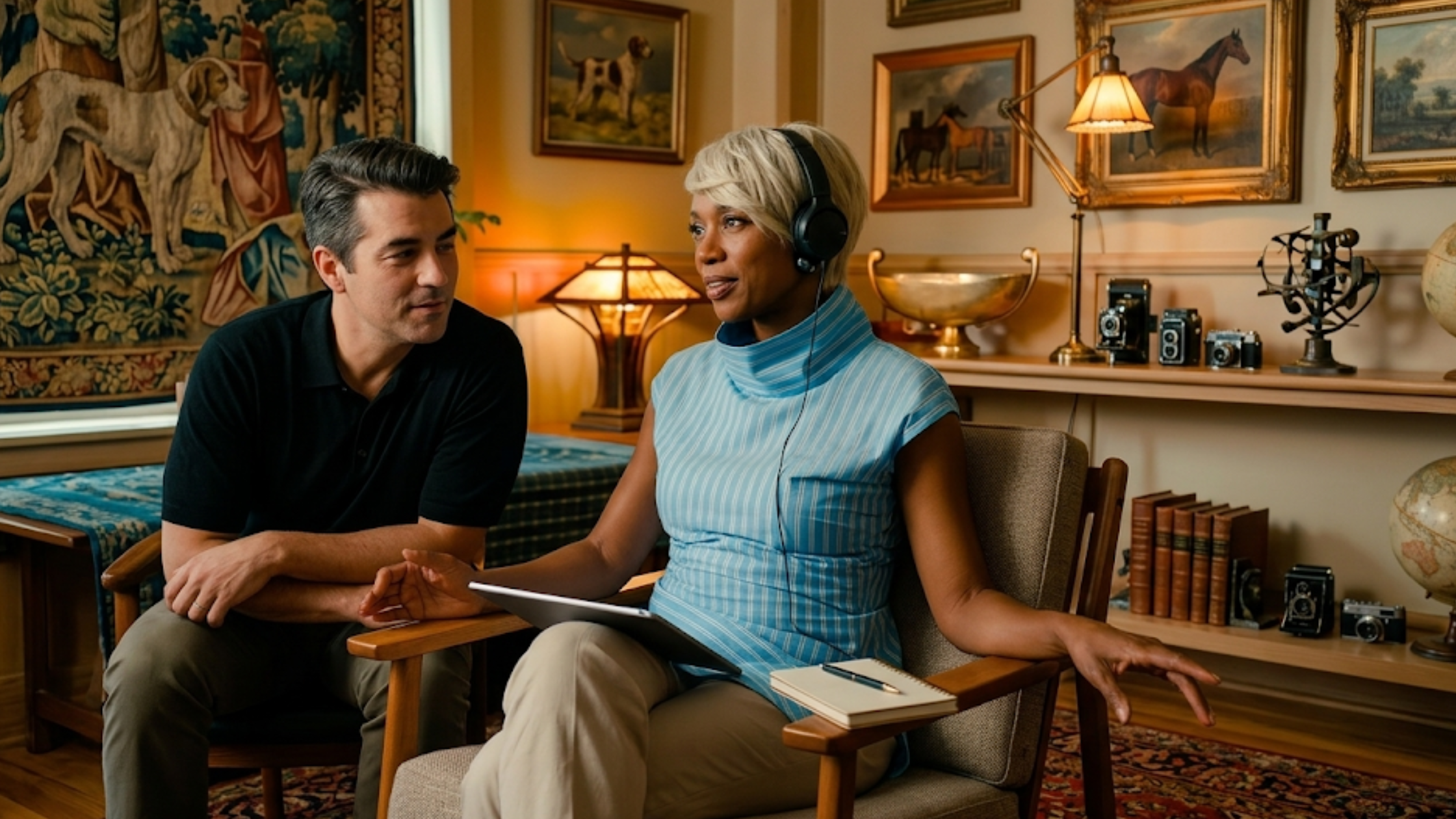 Yvonne Orji The Wrong Paris Rachel blue striped asymmetric muscle top with mock neck and sculpted modern design