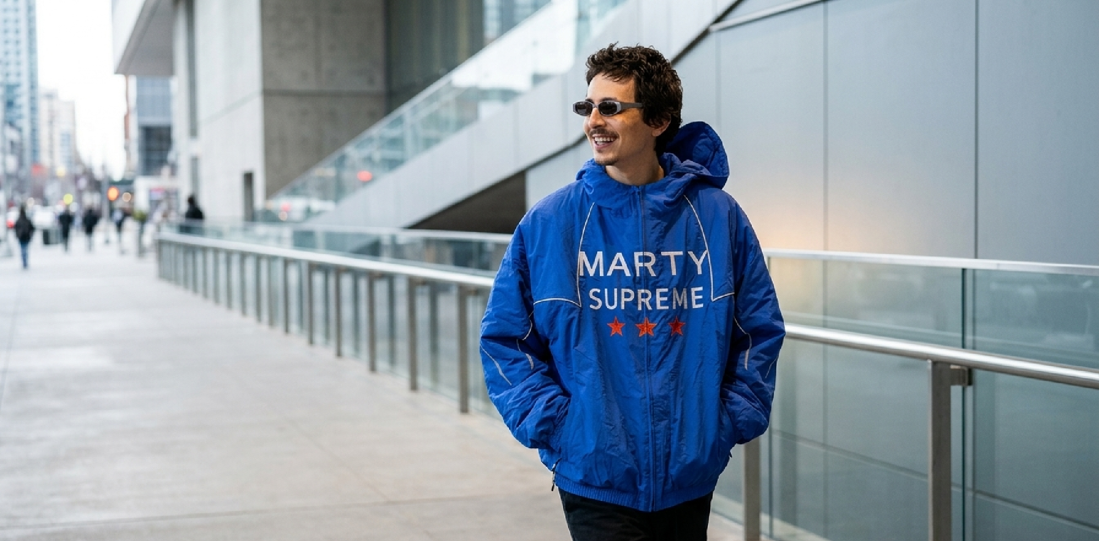 Timothee Chalamet Marty Supreme Japan Jacket cobalt blue windbreaker with white lettering and orange stars