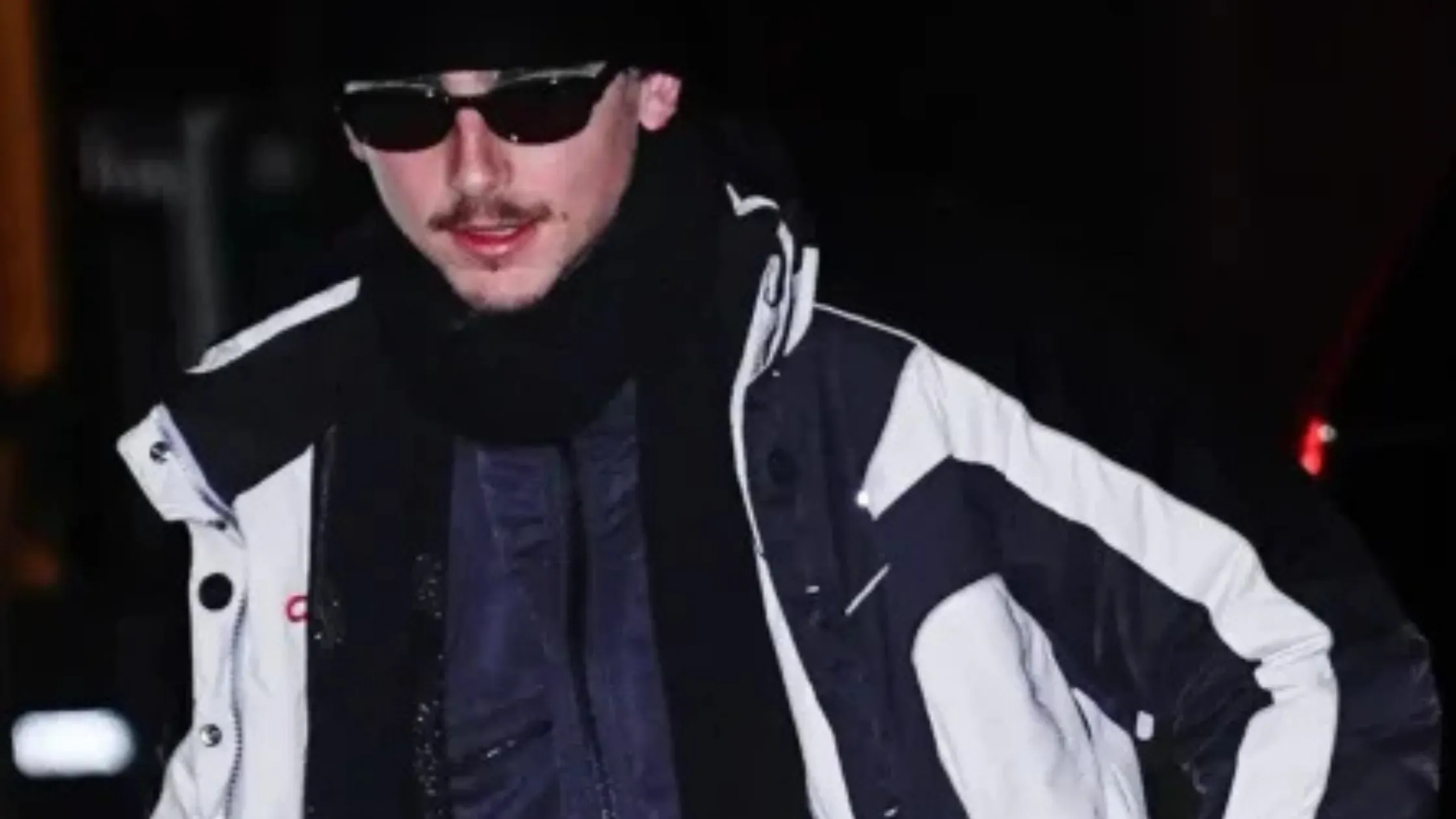Timothée Chalamet wearing a black and white paneled winter sports jacket with stand-up collar during a street style moment in New York City.
