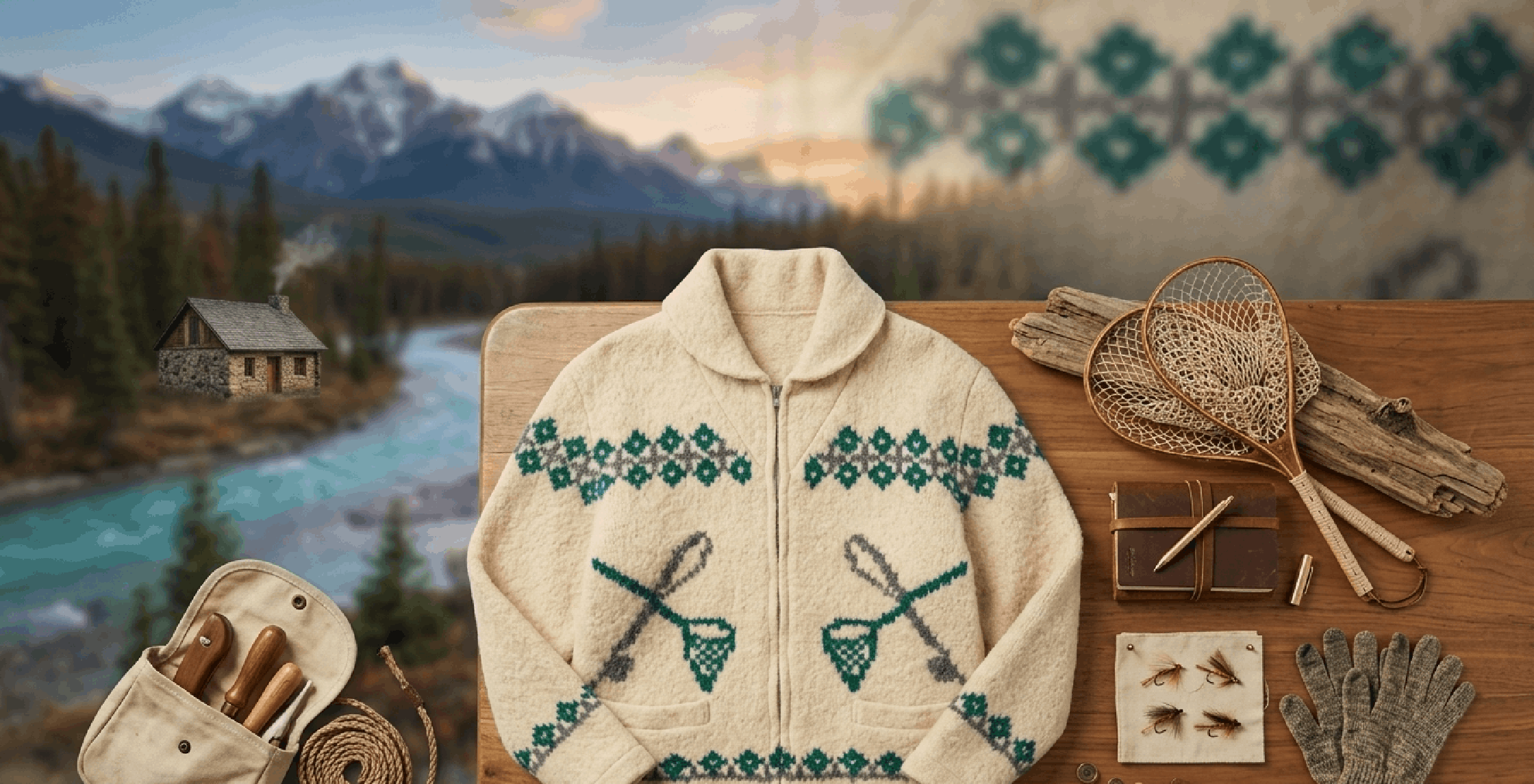Tracker S02 Wendy Crawford Fish Graphic Cowichan zip-up sweater in cream base with green, grey, and red nautical patterns, shawl collar, heavyweight wool knit, and vintage fishing-inspired design.