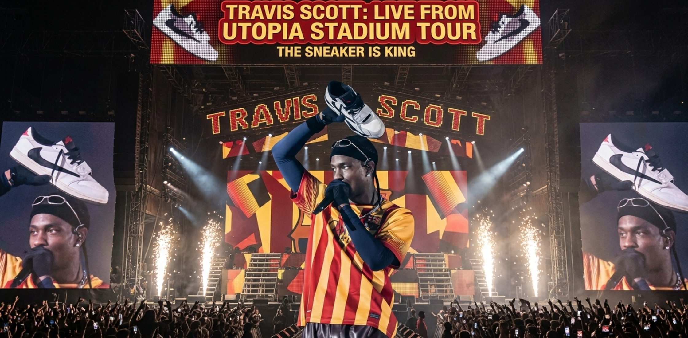 Travis Scott SHIT GOING DUMB striped T-shirt inspired by football heritage with red and yellow Senyera-style design and performance streetwear look