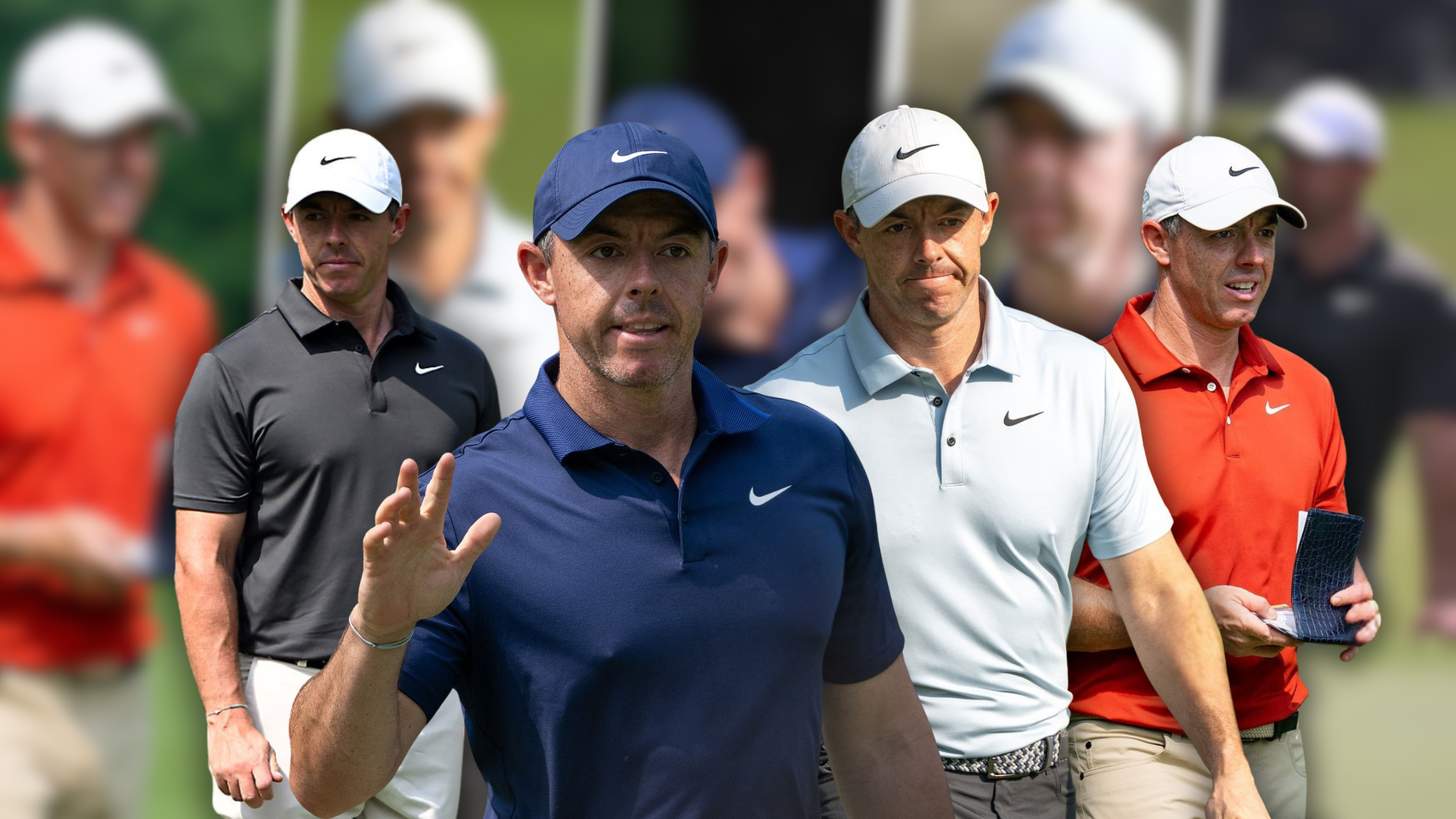 Rory McIlroy at the DP World India Championship 2025 wearing light blue, black, navy, and red Nike polo T-shirts with athletic, performance-driven designs.