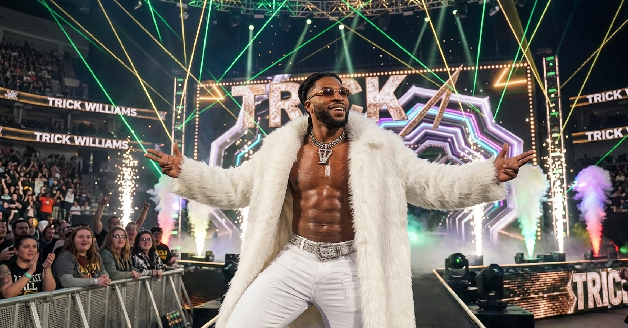 Trick Williams WWE SmackDown 2026 white faux fur coat with longline oversized design