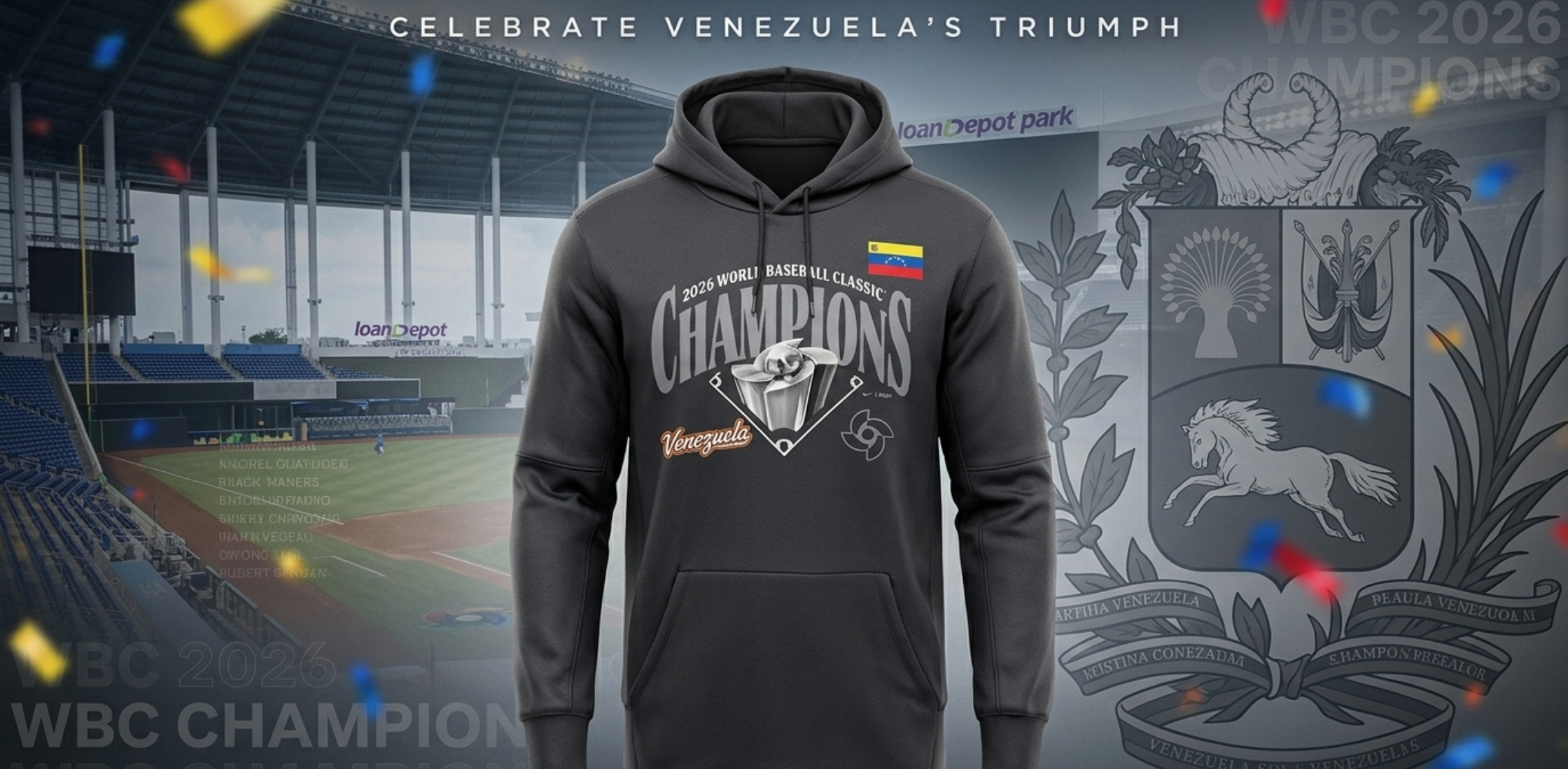 Venezuela 2026 World Baseball Classic Champions Hoodie charcoal grey pullover with trophy graphic, bold Venezuela lettering, and national flag detail