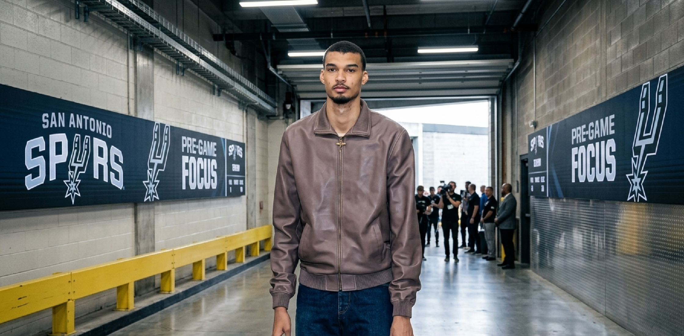 Victor Wembanyama San Antonio Spurs vs NY Knicks brown leather bomber jacket courtside style