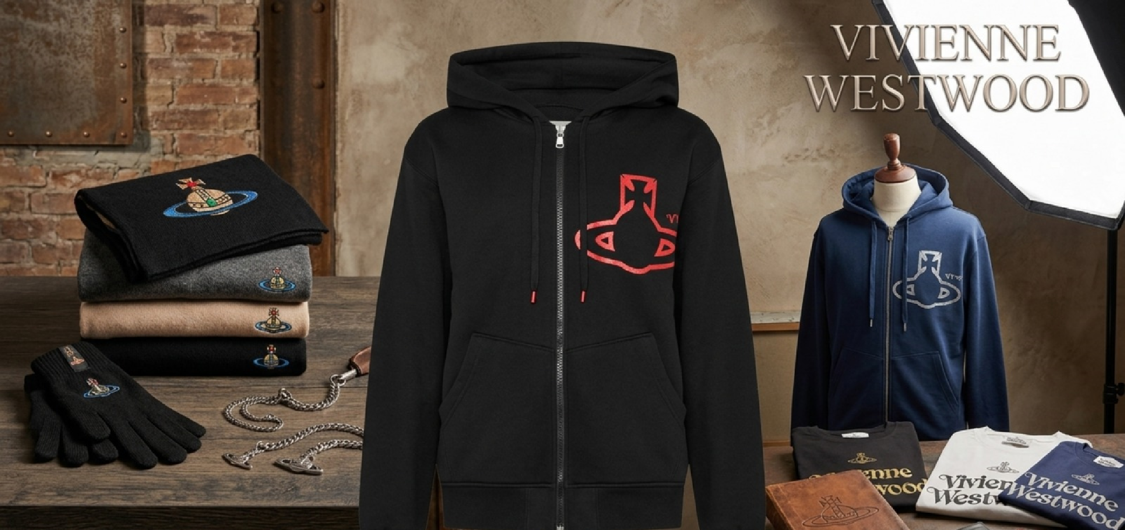 Vivienne Westwood black hoodie with neon red orb logo and zip-up streetwear design