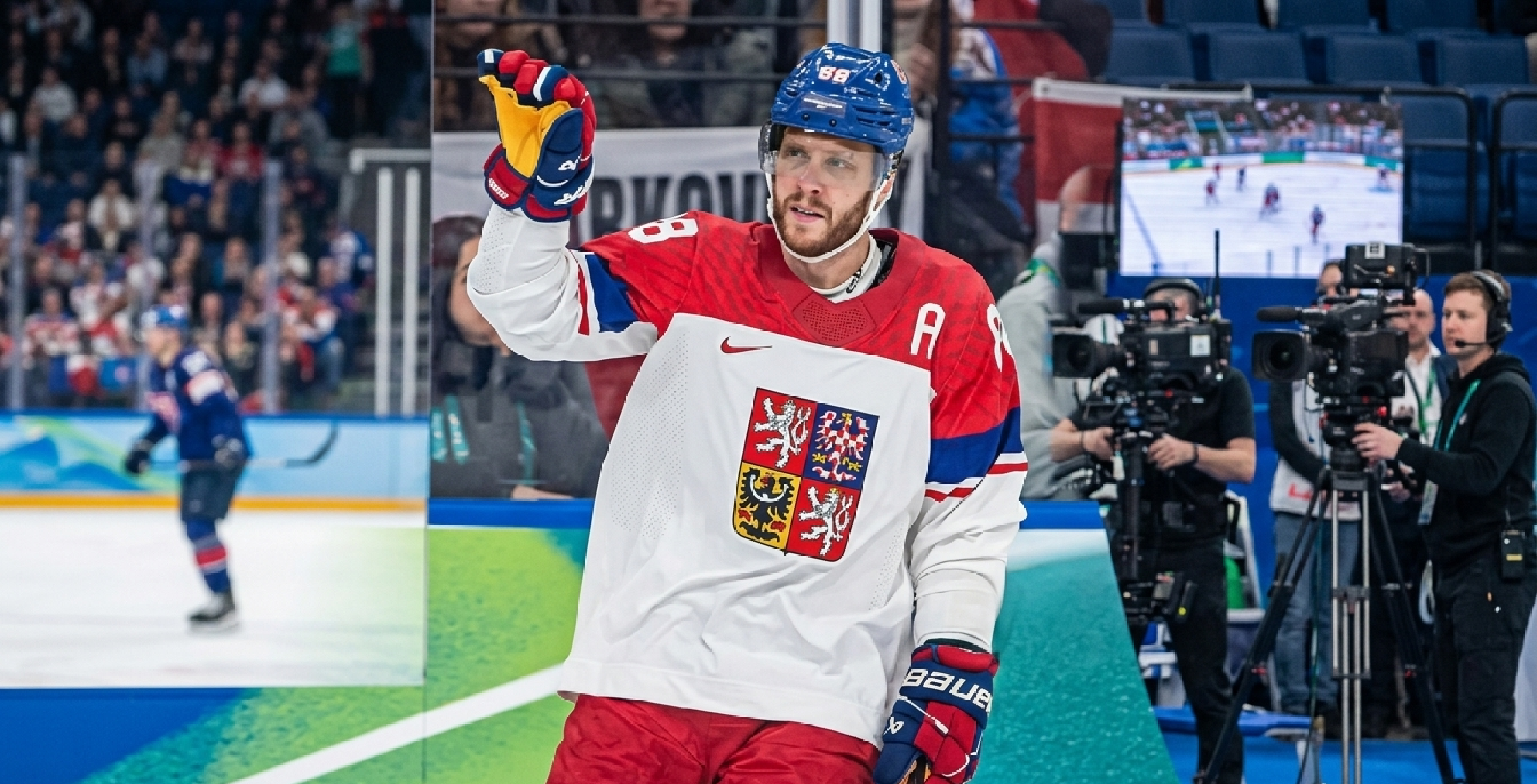 Winter Olympics 2026 Team Czech Republic Ice Hockey Jersey with red shoulder yoke, blue sleeve stripes, and Czech Coat of Arms