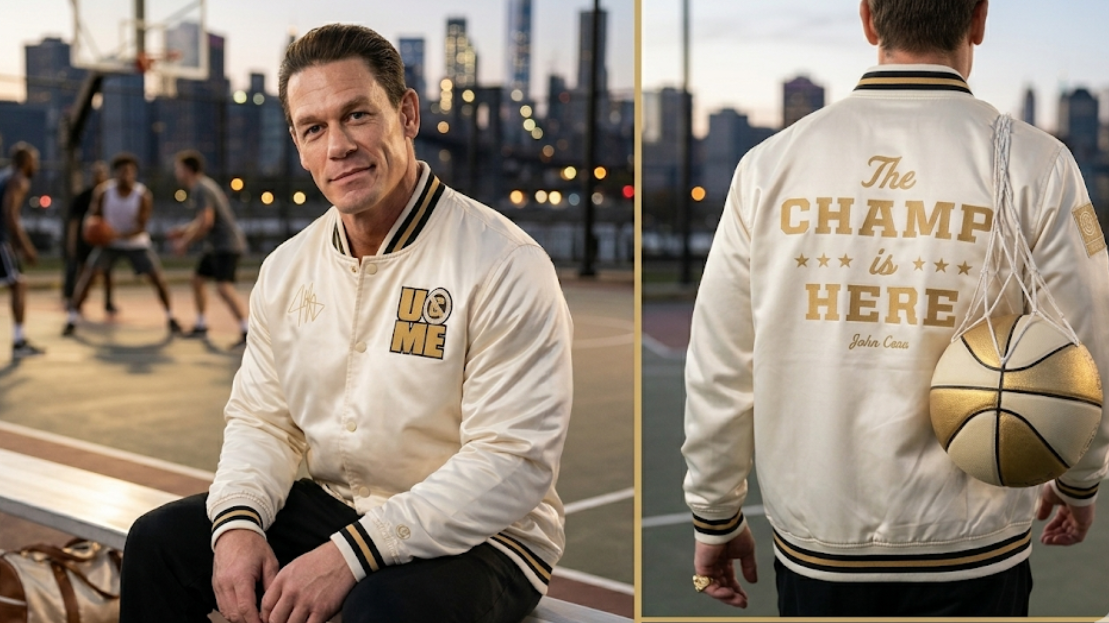 WWE John Cena cream satin bomber jacket with sublimated finish, gold â€œThe Champ Is Hereâ€ back graphic and varsity stripe detailing