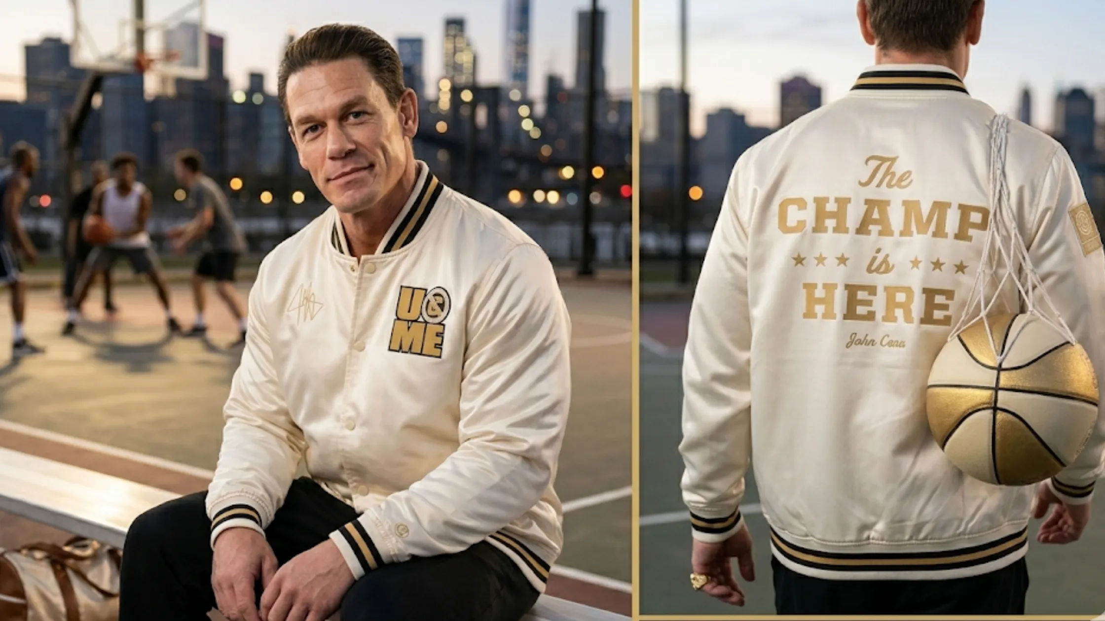 WWE John Cena cream satin bomber jacket with sublimated finish, gold “The Champ Is Here” back graphic and varsity stripe detailing