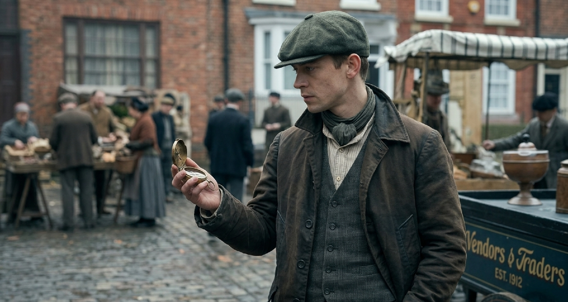 Hero Fiennes Tiffin Young Sherlock charcoal grey distressed utility jacket with Prussian collar